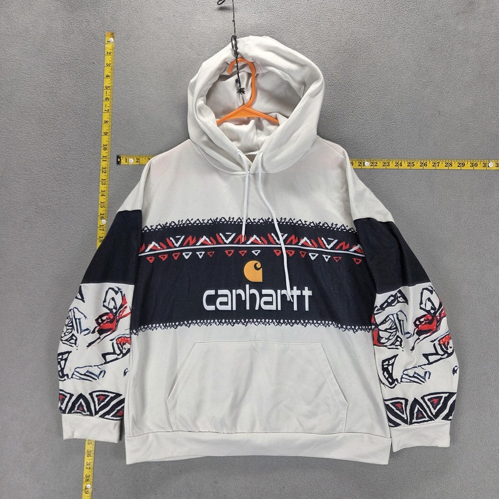 Carhartt Hoodie Mens XL White Tribal Graphic Pullover Kangaroo Pocket Sweatshirt